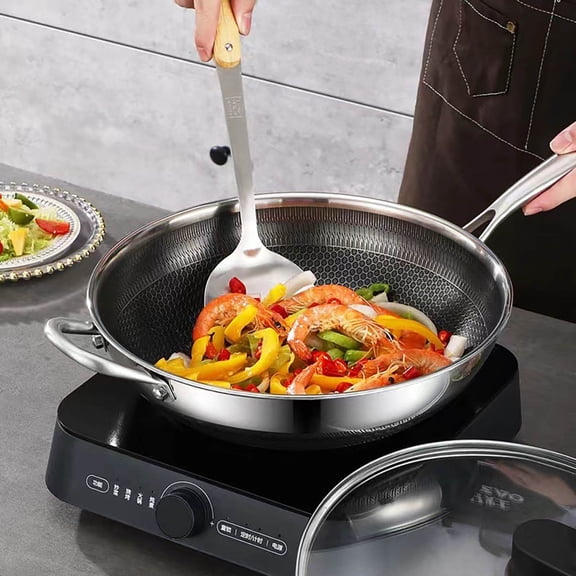 Nonstick Stainless Steel Wok With Glass Lid Honeycomb Textured Wok Pan Pfoa-Free Induction Ready Oven & Dishwasher Safe For All Cooktops(Silver-S-32Cm)