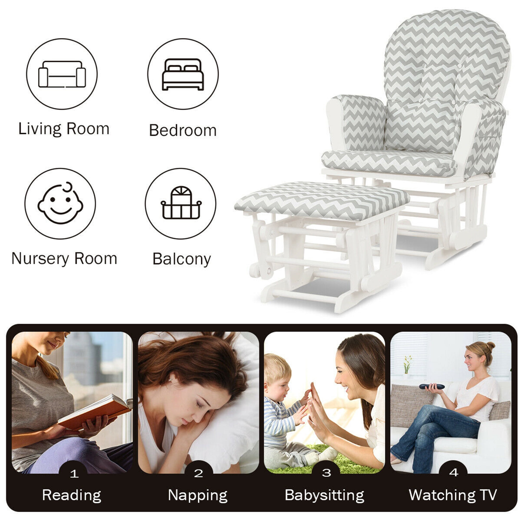 Gymax Baby Nursery Rocking Chair Glider and Ottoman Cushion Set Wood Grey + White
