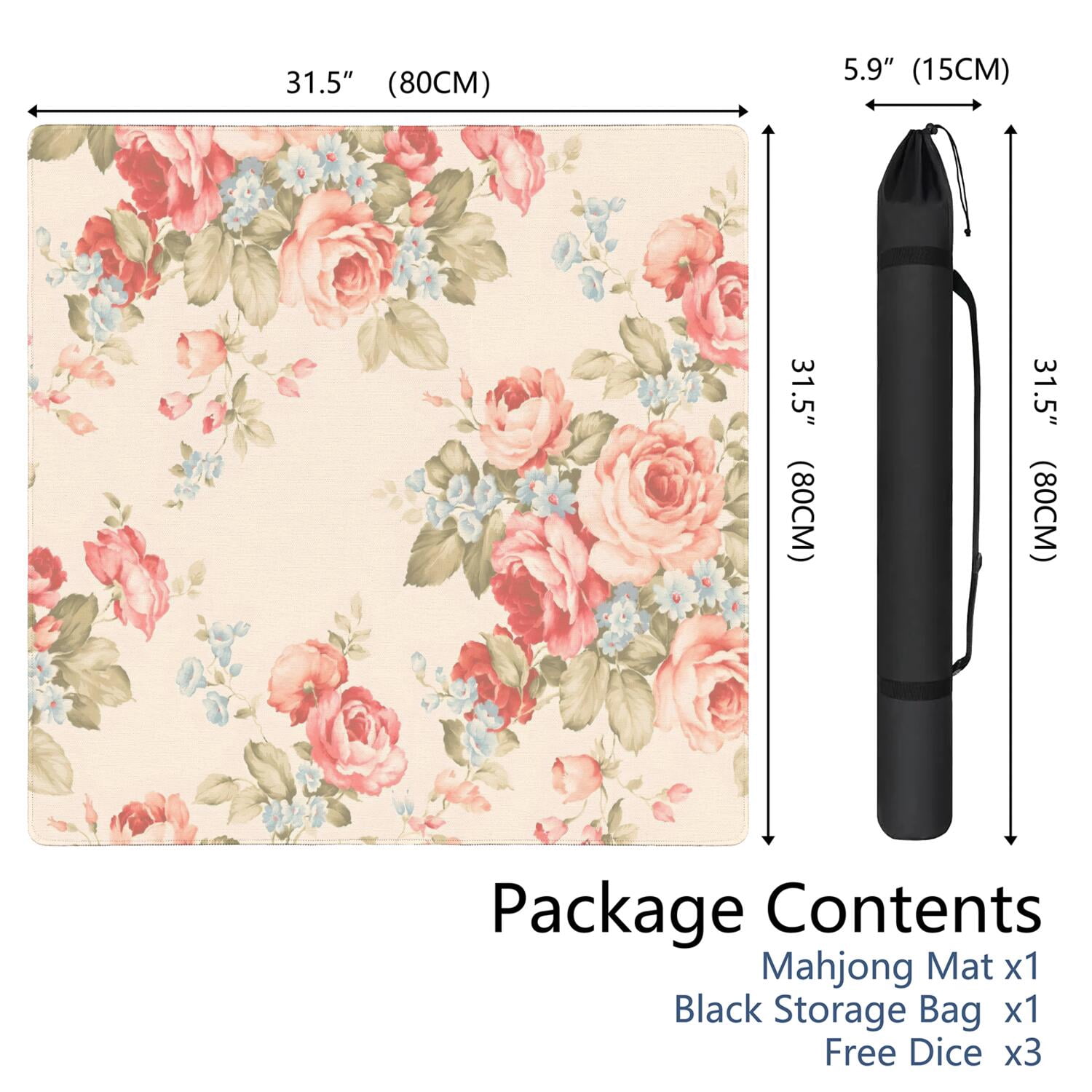 Extra Large Floral Pattern Anti-Slip Game Mat 31.5x31.5 Inch Rubber Mahjong Surface with Noise Reduction for Playing Tiles Cards and Board Games