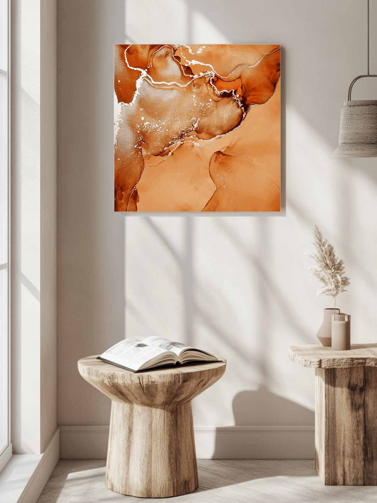Burnt Orange Abstract Canvas Wall Art, Silver Marble Ripples Luxury Fluid Art Framed Wall Decor Modern Artwork Prints Painting for Living Room, Bedroom, Kitchen & Cafe Decor 16x16 Inch