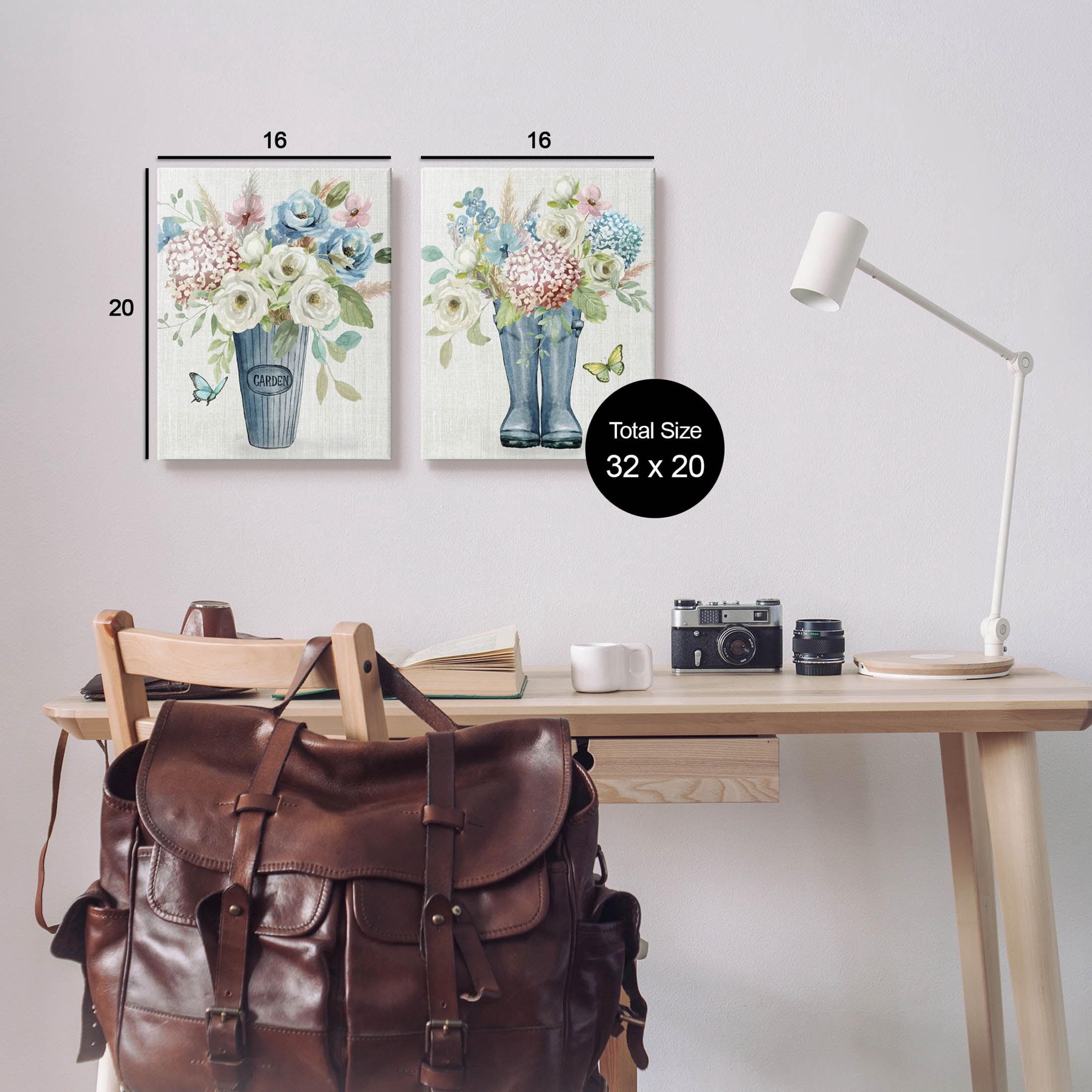 Country Garden Bouquets Rain Boots Botanical & Floral Graphic Art Gallery Wrapped Canvas Print Wall Art, Set of 2