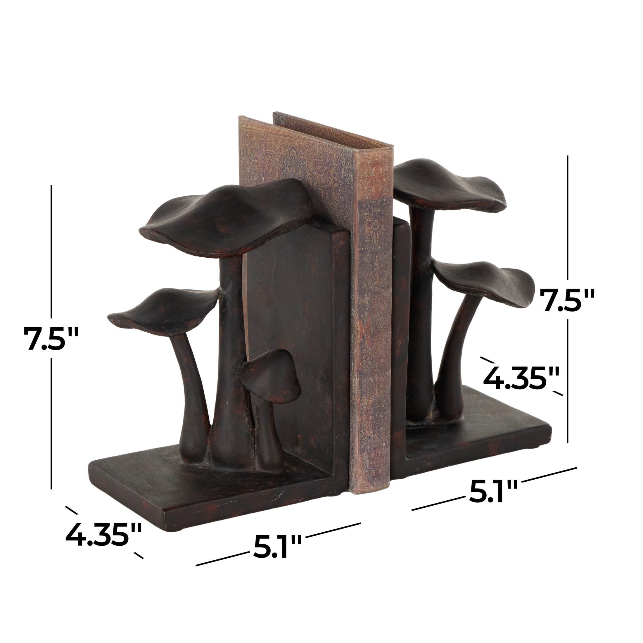 DecMode 5" Mushroom Dark Brown Polyresin Bookends with Copper Shadings (Set of 2)