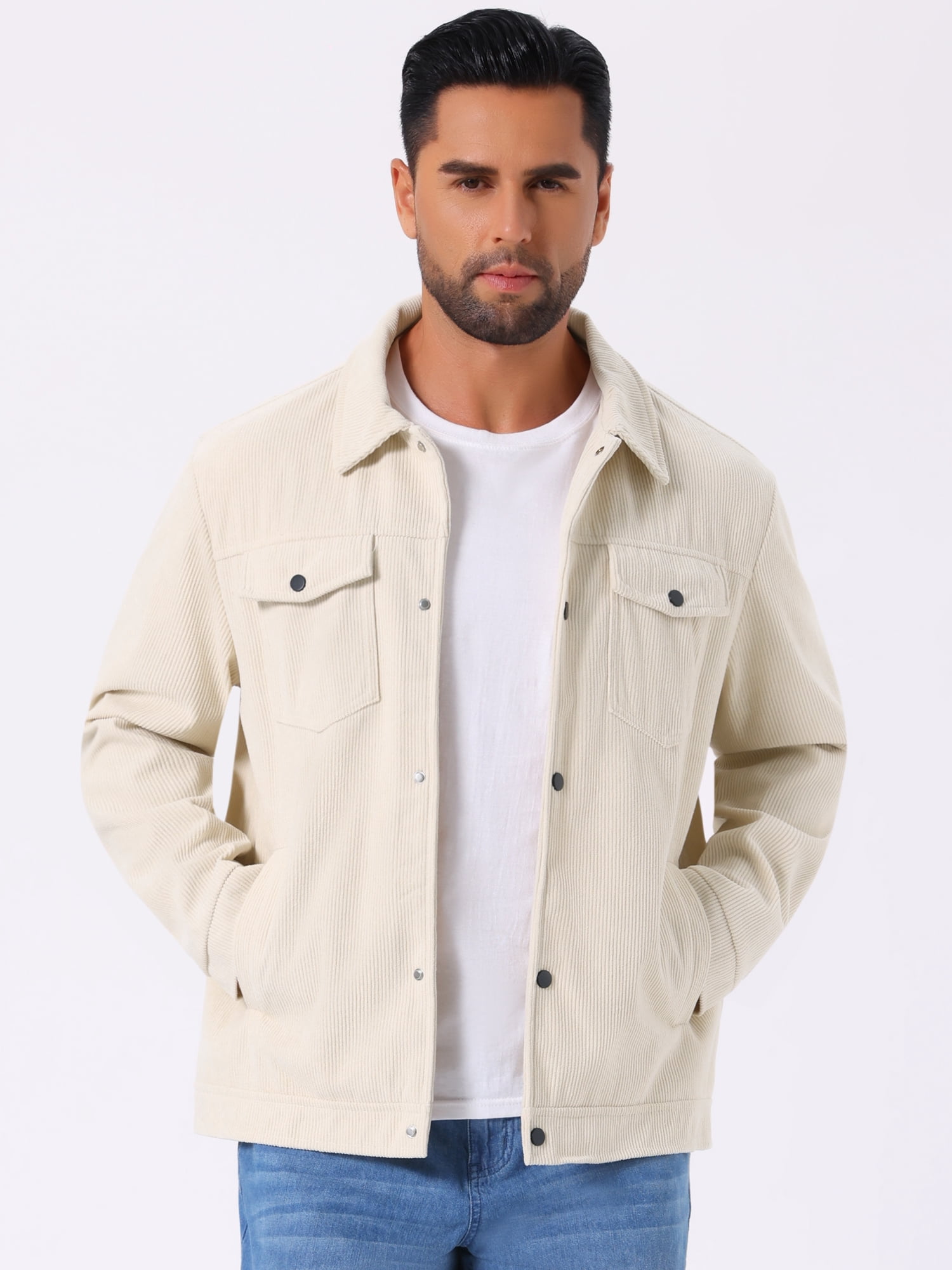 DARING DIVA Men's Solid Long Sleeve Button Pockets Corduroy Trucker Jacket M White