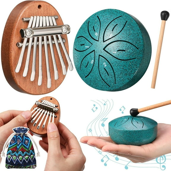 2 Pcs Mini Musical Instruments Mini Kalimba and Rain Drum with Drumstick 8 Keys Finger Thumb Piano and 6 Notes Steel Drum for Easter Gift Adult Beginners(Dark Green)
