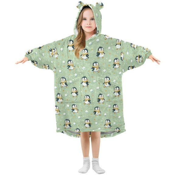 Wearable Blanket Hoodie for Kids Ice Skating Penguin Flannel Hooded Blanket with Pockets and Sleeves Suitable for Boys and Girls