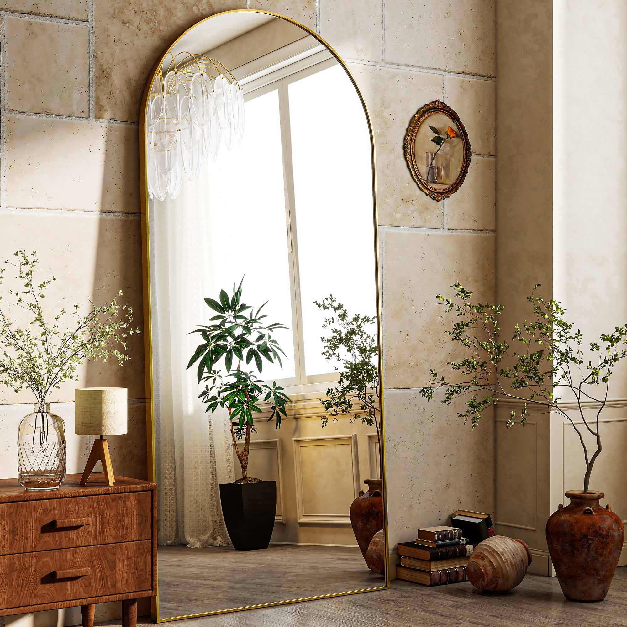 GRAHMCY 76"x34" Arched Full Length Mirror Floor Standing Mirror, Gold