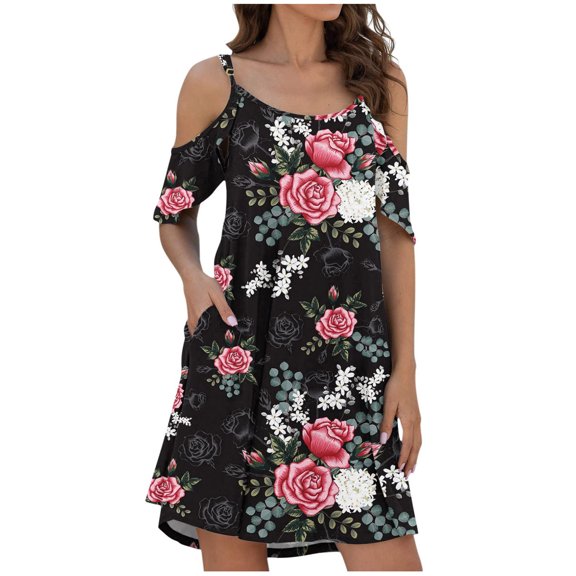 JINMGG Clearance Dresses under $10.00 Fashion Women Summer Casual O-Neck Print Short Sleeve Pocket Mini Dress Black L