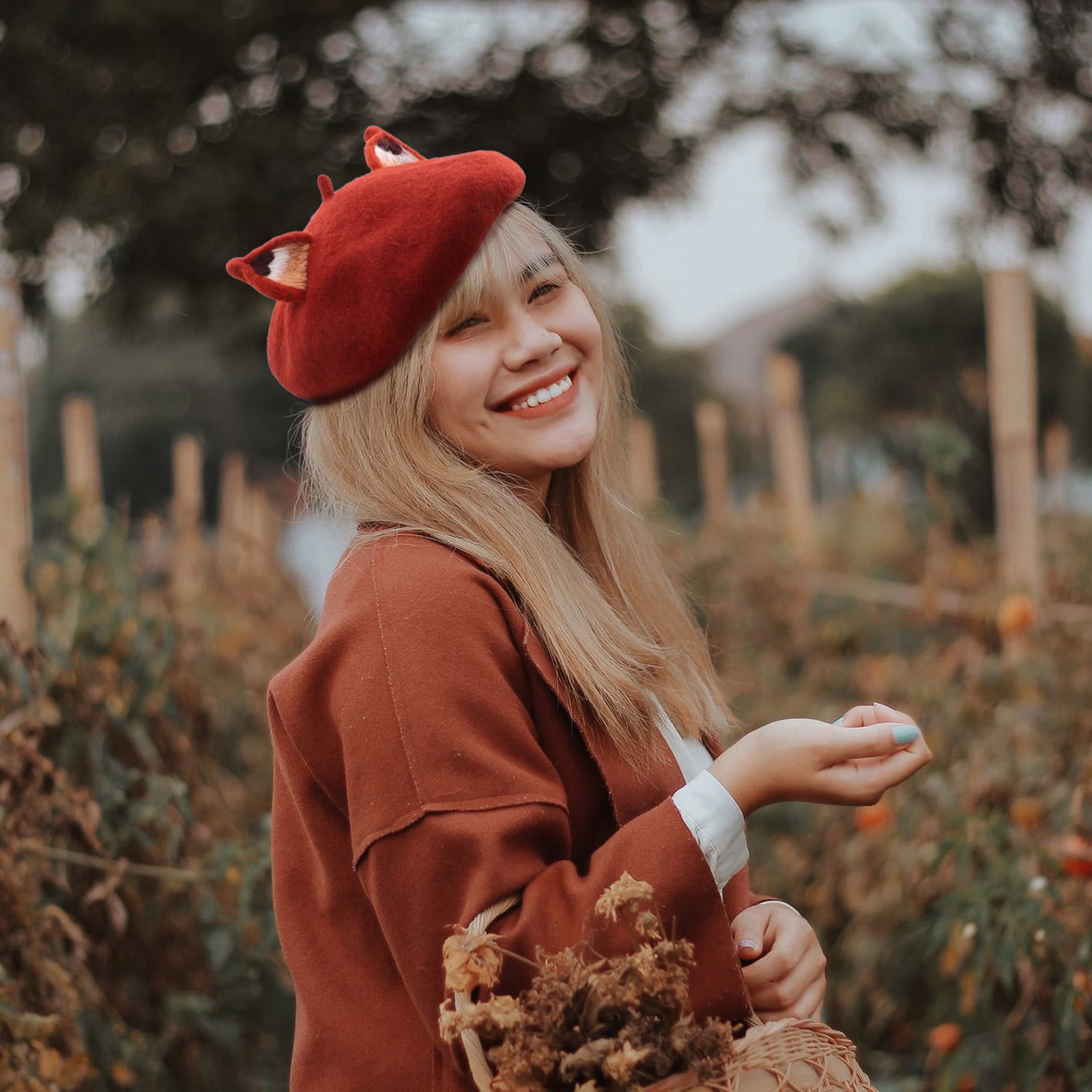 Raindrops Brown Wool Beret for Women Lightweight Comfortable Warm Fashion Accessory with Cat Ear Design 5460cm