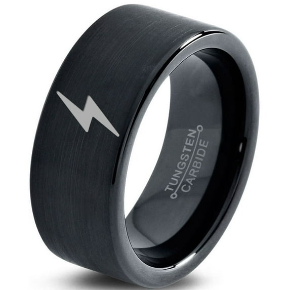 Tungsten Flash Thunder Lightning Bolt Band Ring 9mm Men Women Comfort Fit Black Flat Cut Brushed Polished