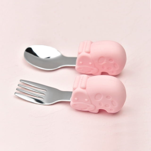 Tenedor cuchara de entrenamiento para aprender a comer para bebés hipopótamo, mango corto, vajilla de acero inoxidable, tenedor cuchara de silicona para alimentos complementarios para niños