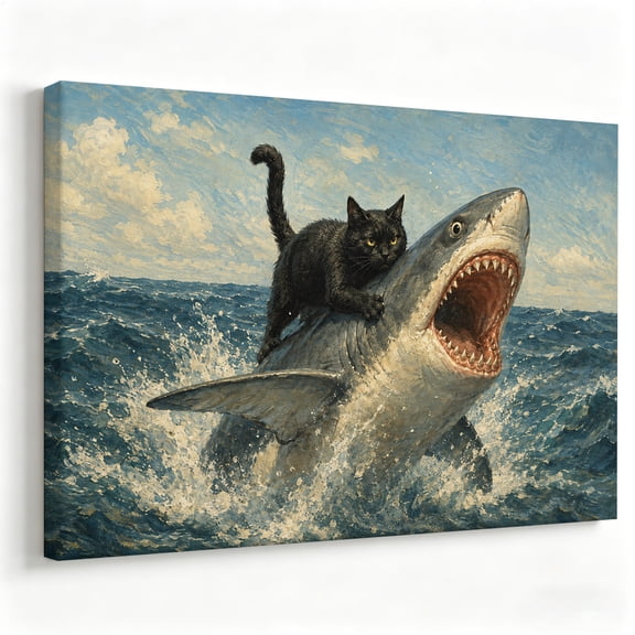 "The Great Sea Escape" Funny Black Cat Riding a Shark Canvas Art, Whimsical Ocean Adventure Painting Print, Matte Finish Gallery Wrapped Eclectic Wall Decor 8*12