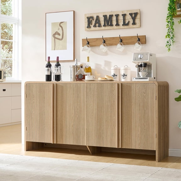 Merluxy 63" Fluted Sideboard Buffet Cabinet with Storage, Modern Credenza with 4 Doors & Adjustable Shelves for Kitchen, Living Room, Natural Oak