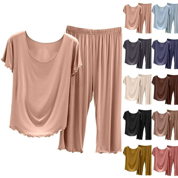 HVOBTTY Women's Classic Pajama Sets, Pajama Sets for Women, Women's Solid Color Loose Ruffled Short Sleeve Top and 3/4 Length Pants Lightweight Home Wear Pajama Sets Beige, L