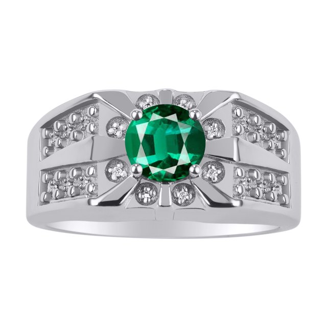 RYLOS Men's Rings Sterling Silver Designer Starburst 7MM Round Gemstone & Diamond Ring Emerald May Birthstone Rings Size 10