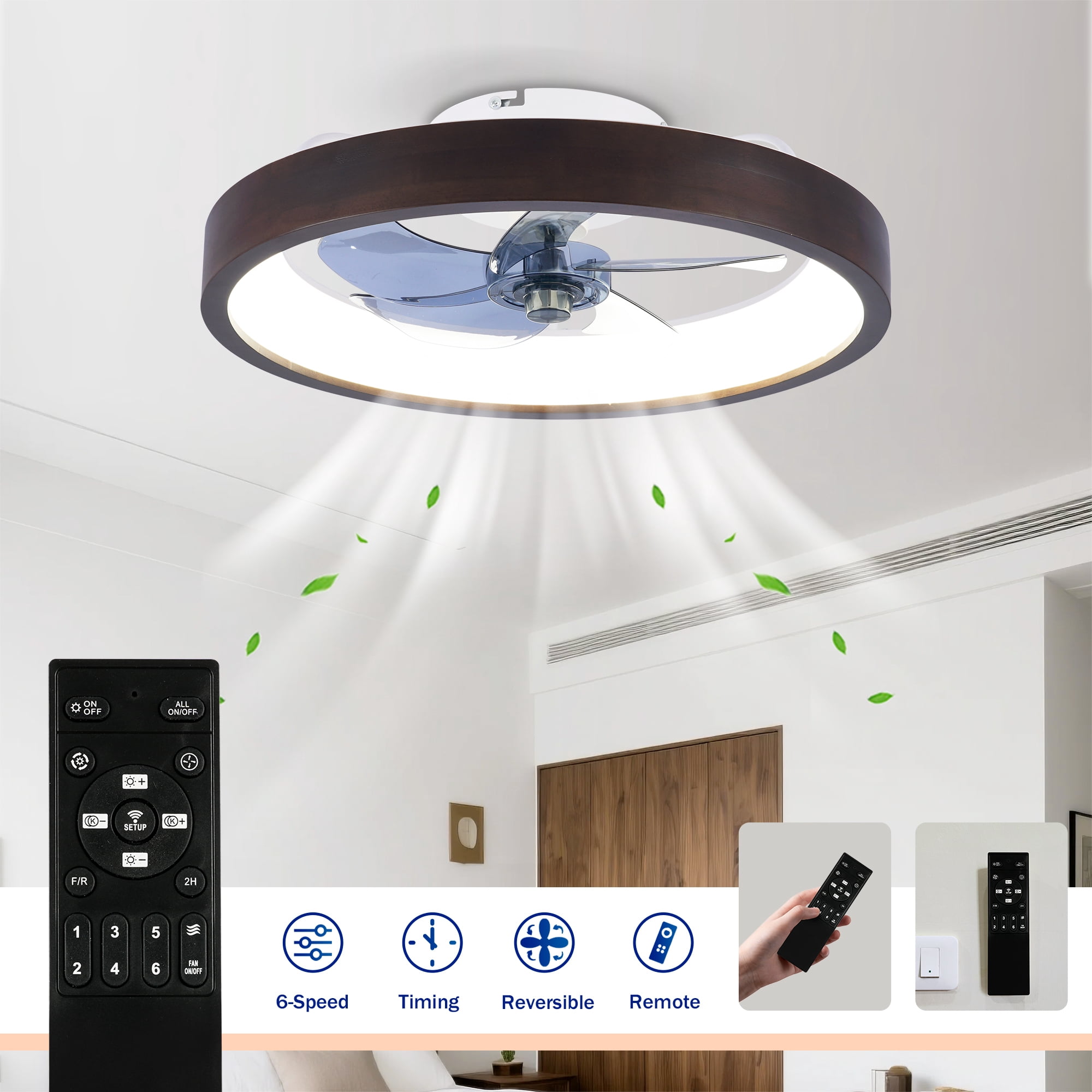 Leumius 20" Ceiling Fans with Light and Remote, 3000-6500K Dimmable Modern Flush Mount LED Fan Light, 6 Speeds, Quiet DC Motor for Living Room Bedroom Kitchen Black