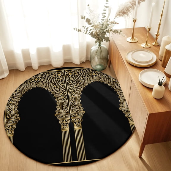 Round Rugs 6Ft, Boho Archway Round Area Rug Washable Indoor Throw Carpet, Vintage Ethnic Architecture Floral Symmetrical Soft Non Slip Circle Rug for Office Cabinet Home Decor Aesthetic