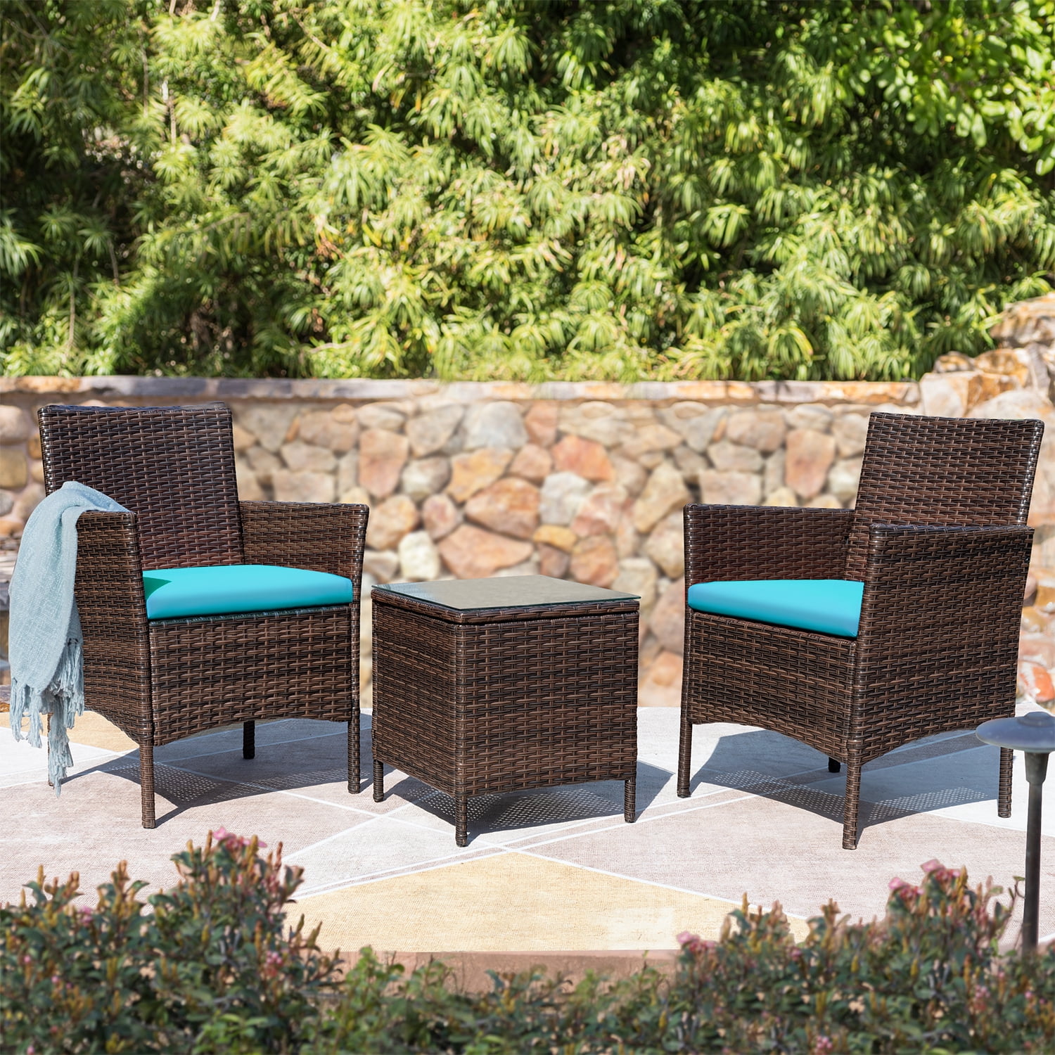 Devoko 3 Pieces Patio Furniture Set Outdoor Conversation Set Wicker Bistro Chairs Set of 2 with Coffee Table for Porch Backyard Balcony,, Brown/ Blue