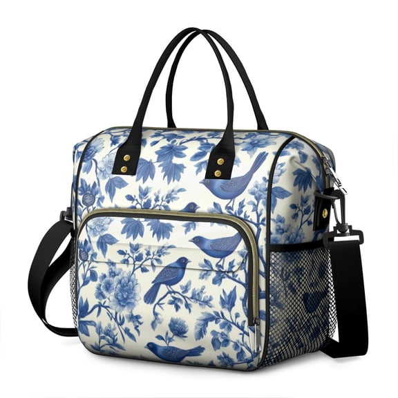 OBREWU Blue Pioneer Flower and Bird Women's Insulated Leakproof Large Lunch Bag, Oxford Cloth