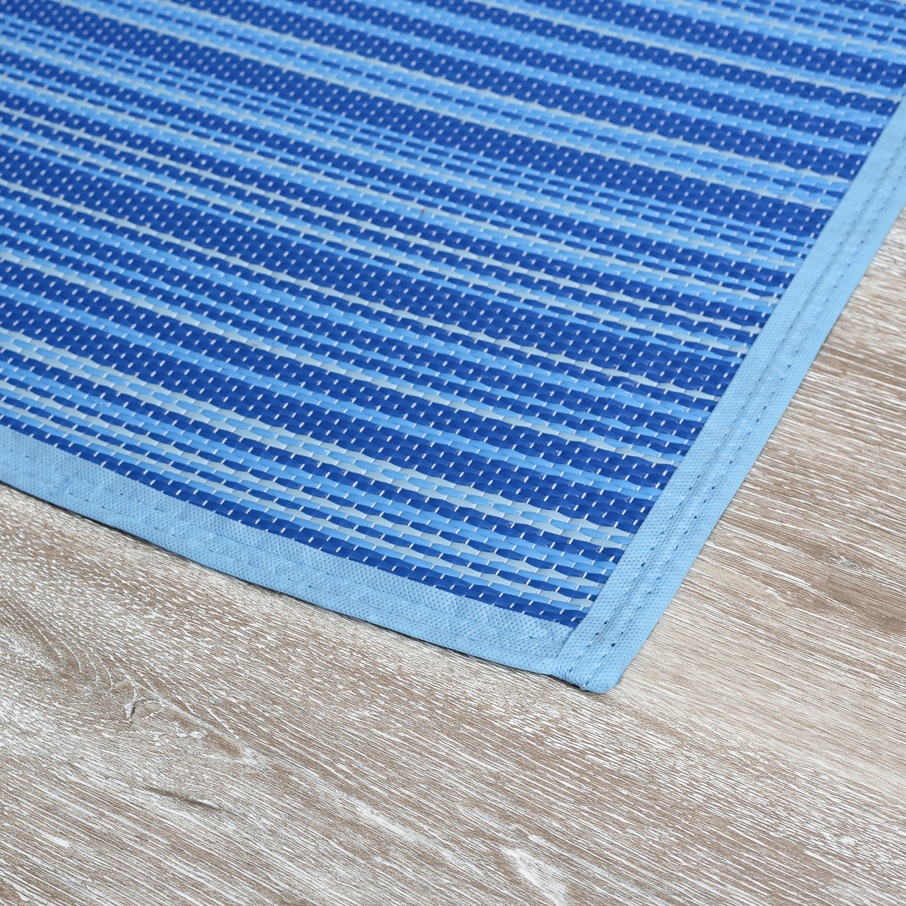 Luna Contemporary Stripe Blue and Aqua Polypropylene Reversible Plastic Straw Outdoor Area Rug, 4' x 5'11'' Rectangle