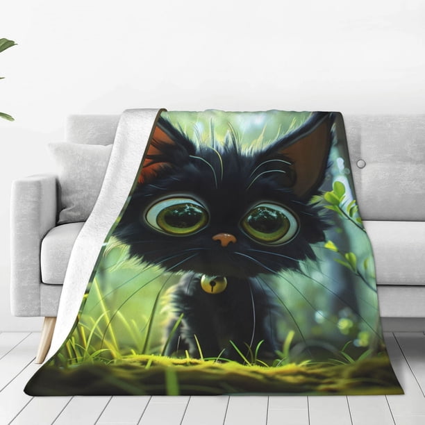 Balery Cute Big-Eyed Black Cat Manta de Felpa Suave y Acogedora – Cobija de Franela Aterciopelada para Cama, Lavable y Cálida para Sofá, Mascotas, Transpirable-40"x30"