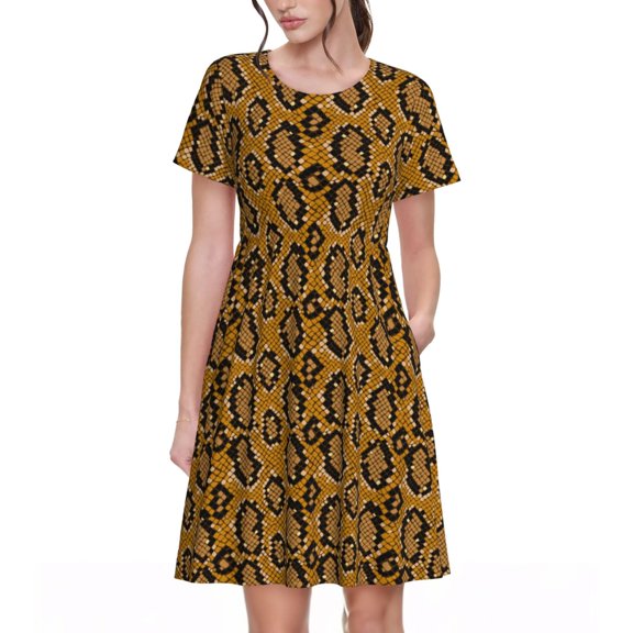 Vsdgher Snake Skin for Womens Summer 2025 Casual Midi Maxi Dresses Lightweight Short Sleeve Round Neck Beach Dress -Small