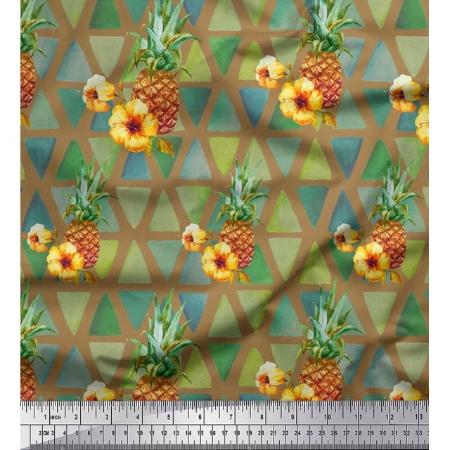 Soimoi Brown Poly Georgette Fabric Triangle & Pine Fruits Print Fabric by the Yard 52 Inch Wide