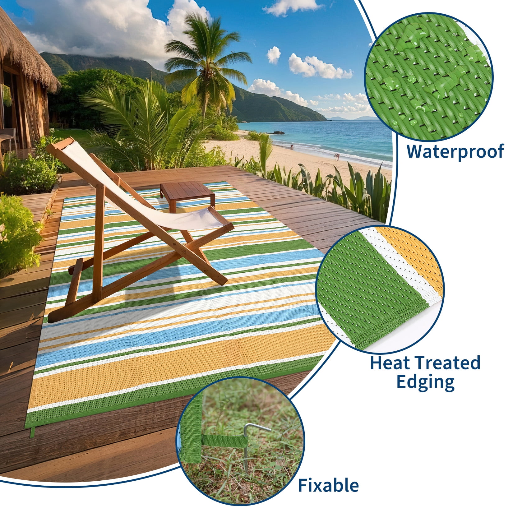 HIWEAVER 9' x 12' Blue Outdoor Rug PP Plastic Straw Woven Waterproof Patio Rug with Border Portable Outside Carpet for Balcony Deck Picnic Garden Decor