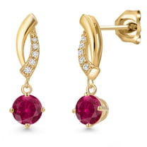 Gem Stone King 10K Yellow Gold Red Created Ruby and Lab Grown Diamond Stud Dangle Earrings for Women | 0.85 Cttw | Gemstone July Birthstone | Round 4.5MM