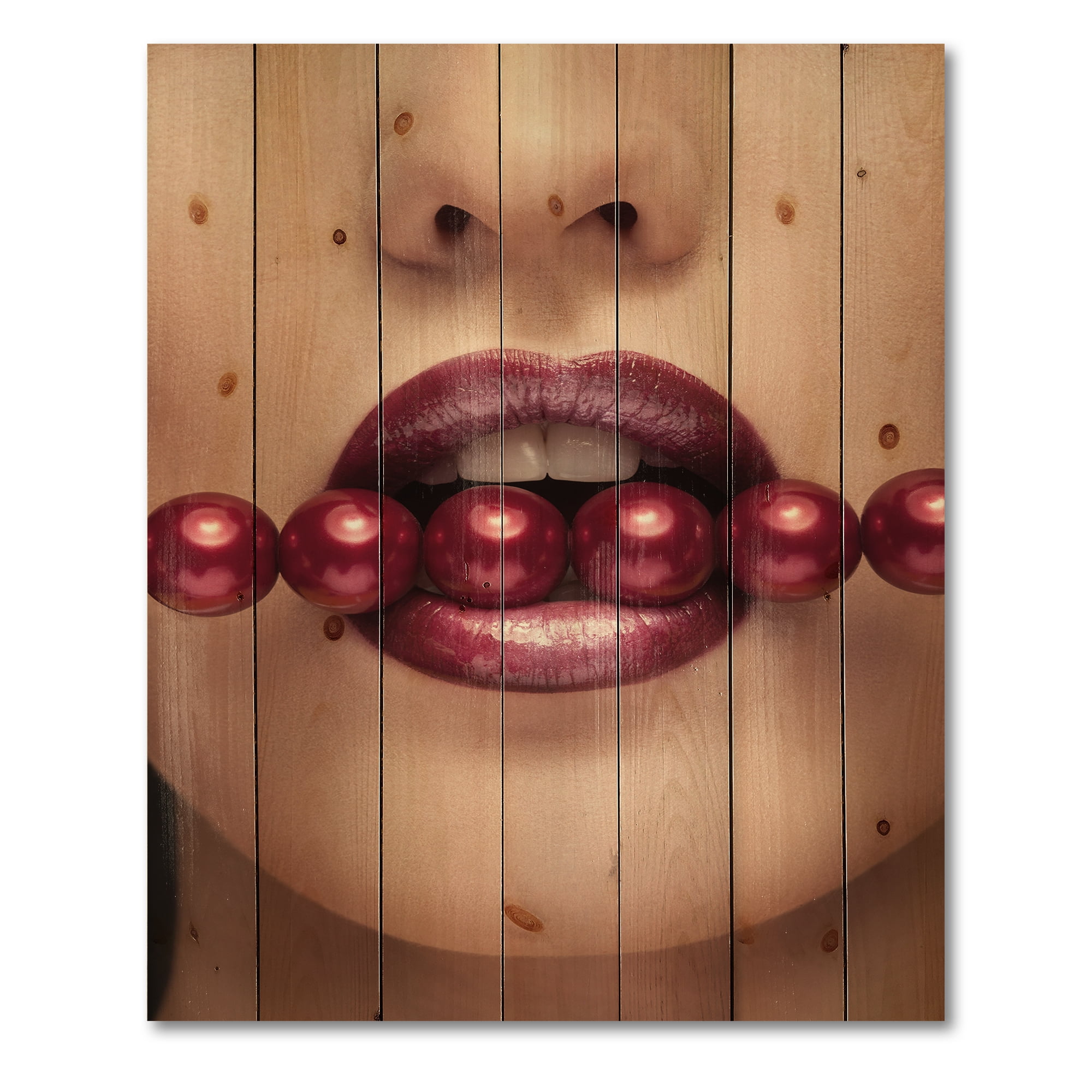 Designart 'Girl With Red Pearls In Mouth In A Sensual Pose' Modern Print on Natural Pine Wood