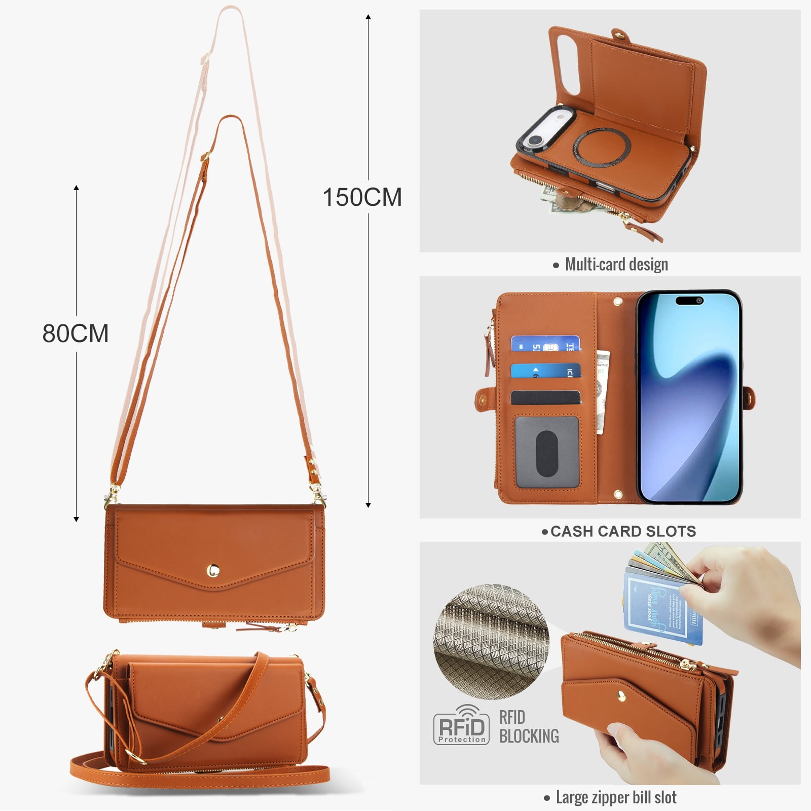 Designed for iPhone 17 Air Multi-Function Wallet Phone Case,With Shoulder Strap&Wrist Strap,Cash Pocket&Card Slots,Zipper Purse,Magnetic Detachable PU Leather Flip Phone Case,Brown