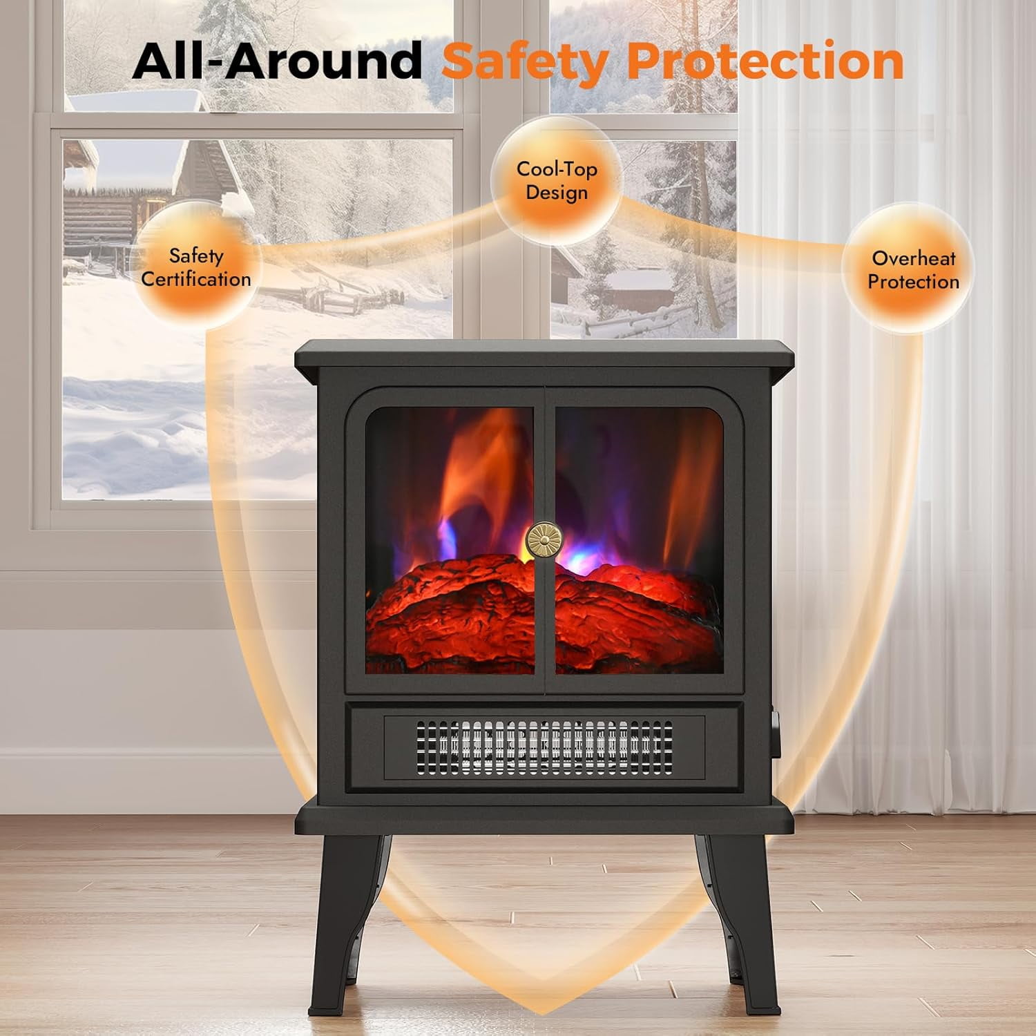 3D Electric Fireplace Stove With Infrared Quartz Heater with Life-Like Flame, Power 1500W, BTU 5120 Maximum Coverage 500 sq ft, Making Home Warm as Spring, 2-Setting Heat, UL Safety