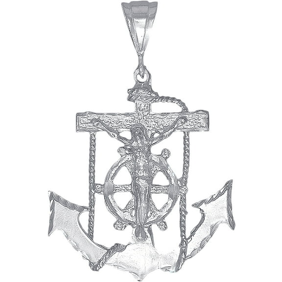 Large Sterling Silver Anchor Cross with Jesus Pendant Necklace with Diamond Cut Finish and 24 Inch Figaro Chain