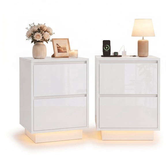 Easoger Nightstand Set of 2 with LED Lights, 2 Drawers & USB Ports, Modern End Tables for Bedroom Living Room, White