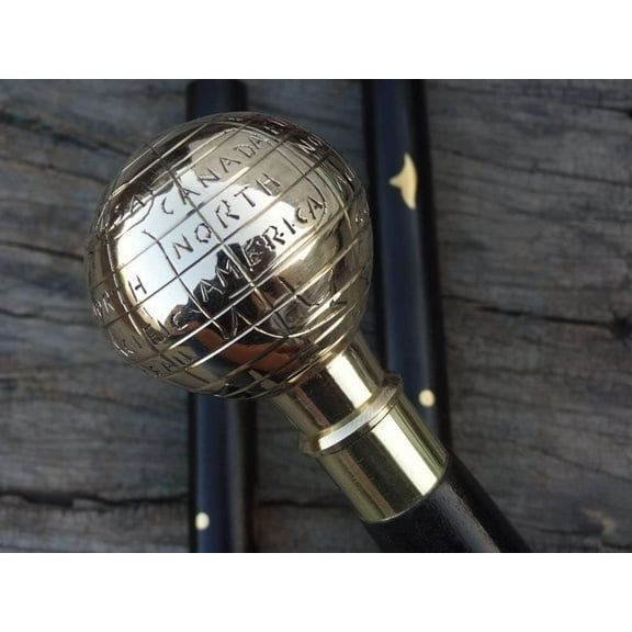 NAUTICALMARTUS Antique Brass Globe Head Handle Wooden Vintage Style Walking Stick Designer Cane