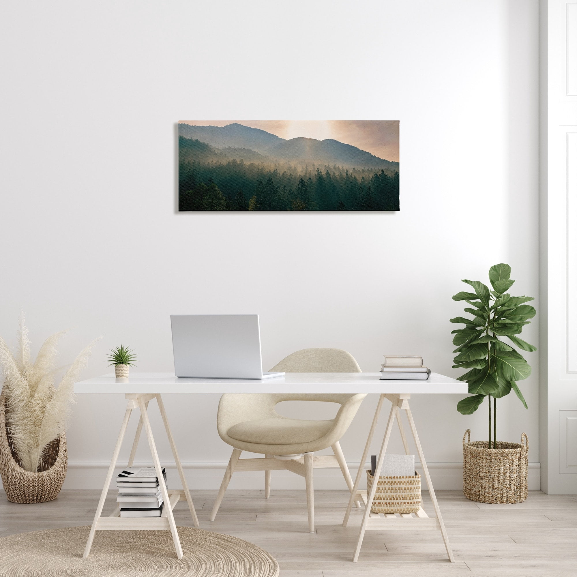 Stupell Industries Morning Sun over Misty Tree Forest Landscape,17 x 40,Designed by Dora Artemiadi