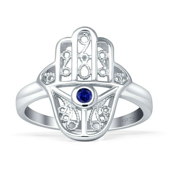Evil Eye Hamsa Round Shape Ring Blue Sapphire CZ 925 Sterling Silver Size 5