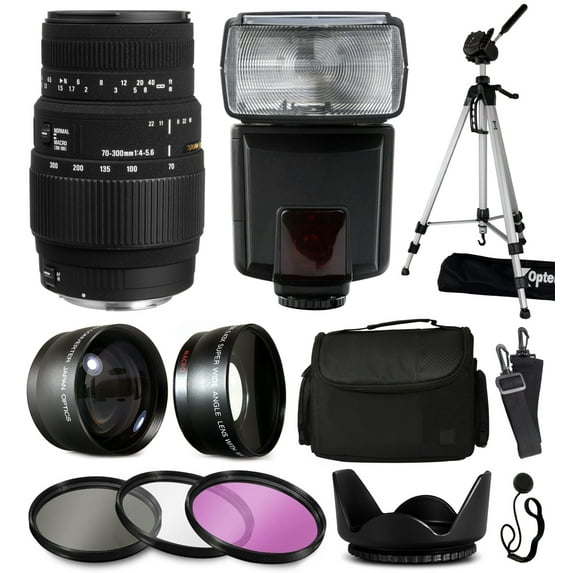 Sigma 70-300mm DG Lens 5A9306 + Accessory Kit with 2.2x & 0.43x Adapters + Flash + Tripod + Case + Filters for Nikon DF D7200 D7100 D7000 D5500 D5300 D5200 D5100 D5000 D3300 D3200 D3100 D3000 D300S