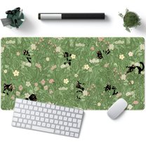 Green Desk Mat XL Cat Cute Plant Cool Desk Pad Keyboard Mat Kawaii Black Cat Flower Mouse Pad Green Desk Mat Desk Decor with Stitched Edges Non-Slip Large Computer Mat 31.5x15.7in