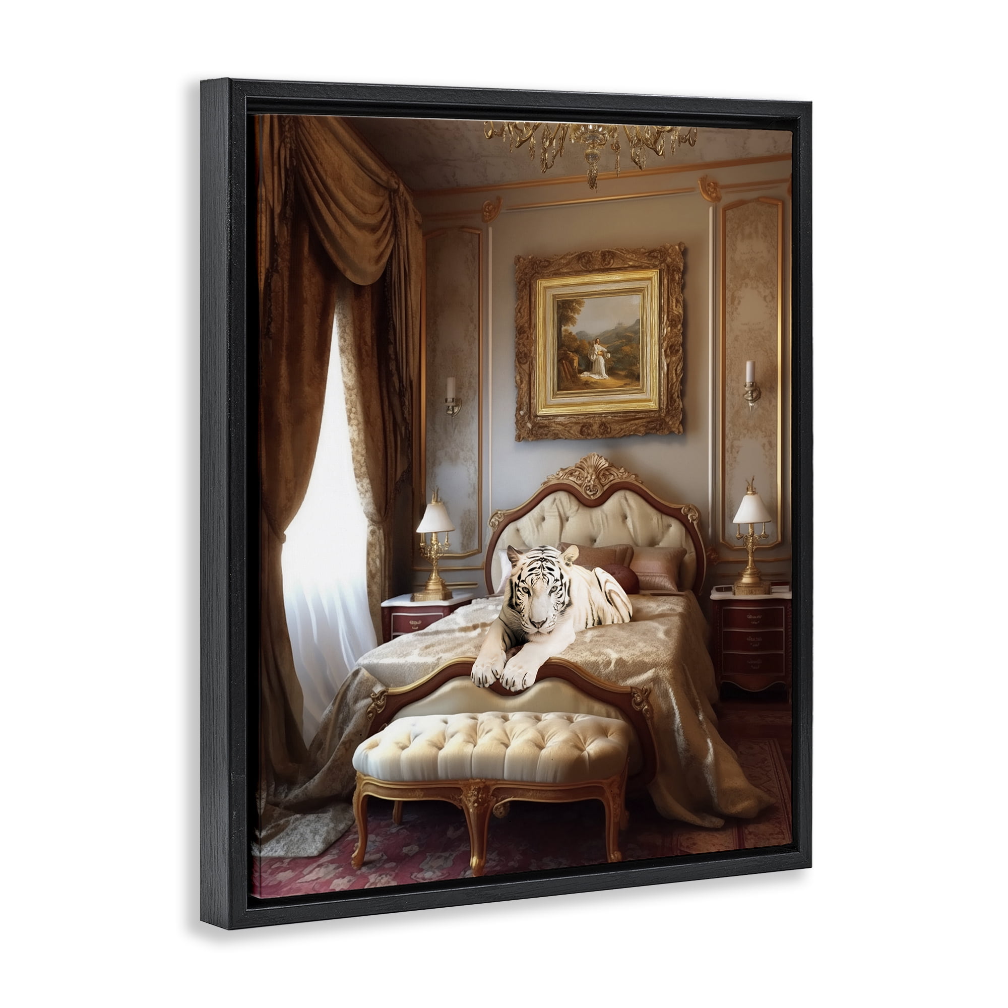 Stupell Industries Tiger in Regal Room Animals Painting Black Floater Framed Canvas Art Print Wall Art, 25 x 31