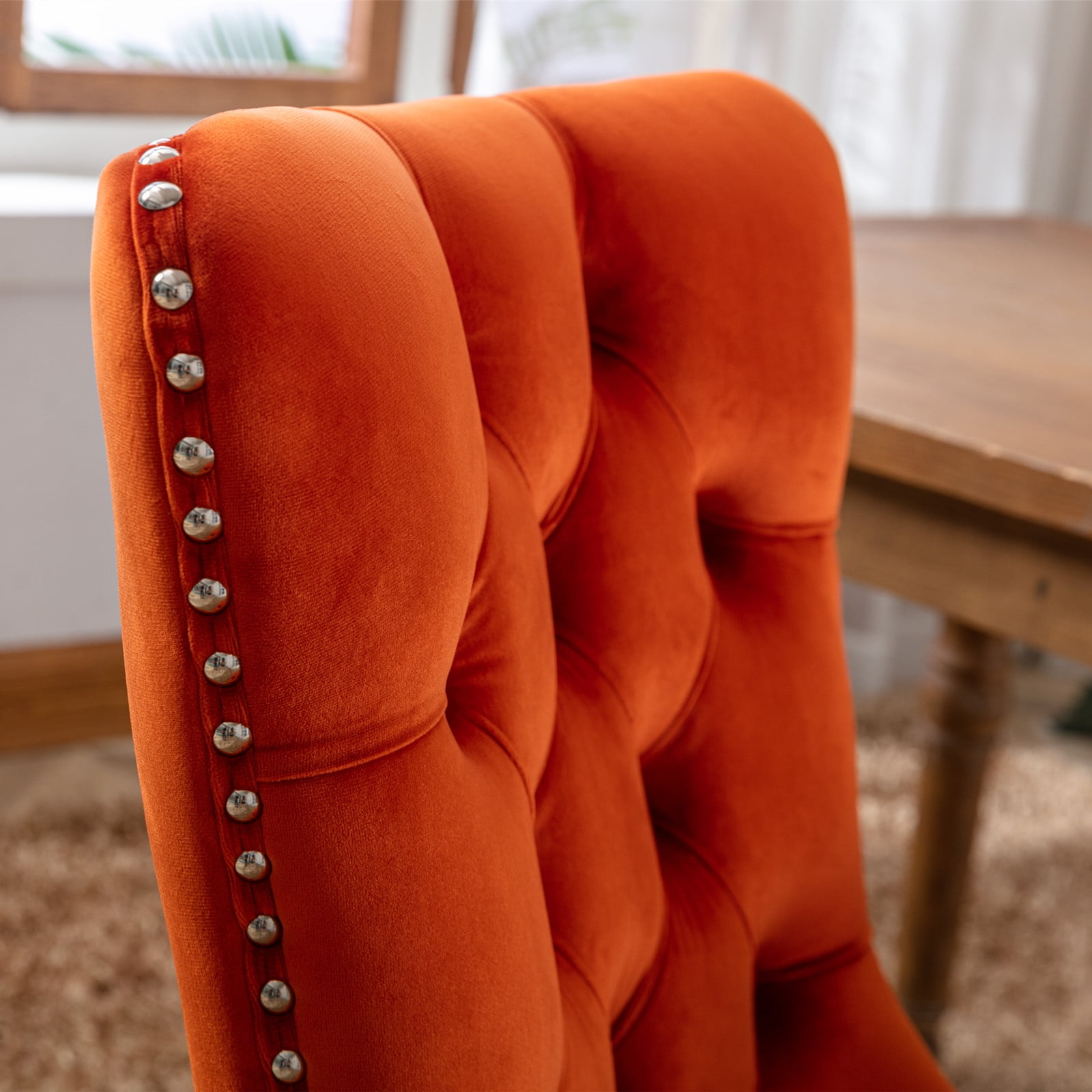 MAYEERTY Modern High-End Tufted Dining Chair - Solid Wood, Velvet Upholstery, Wood Legs, Nailhead Trim, Orange, 2-Pcs Set