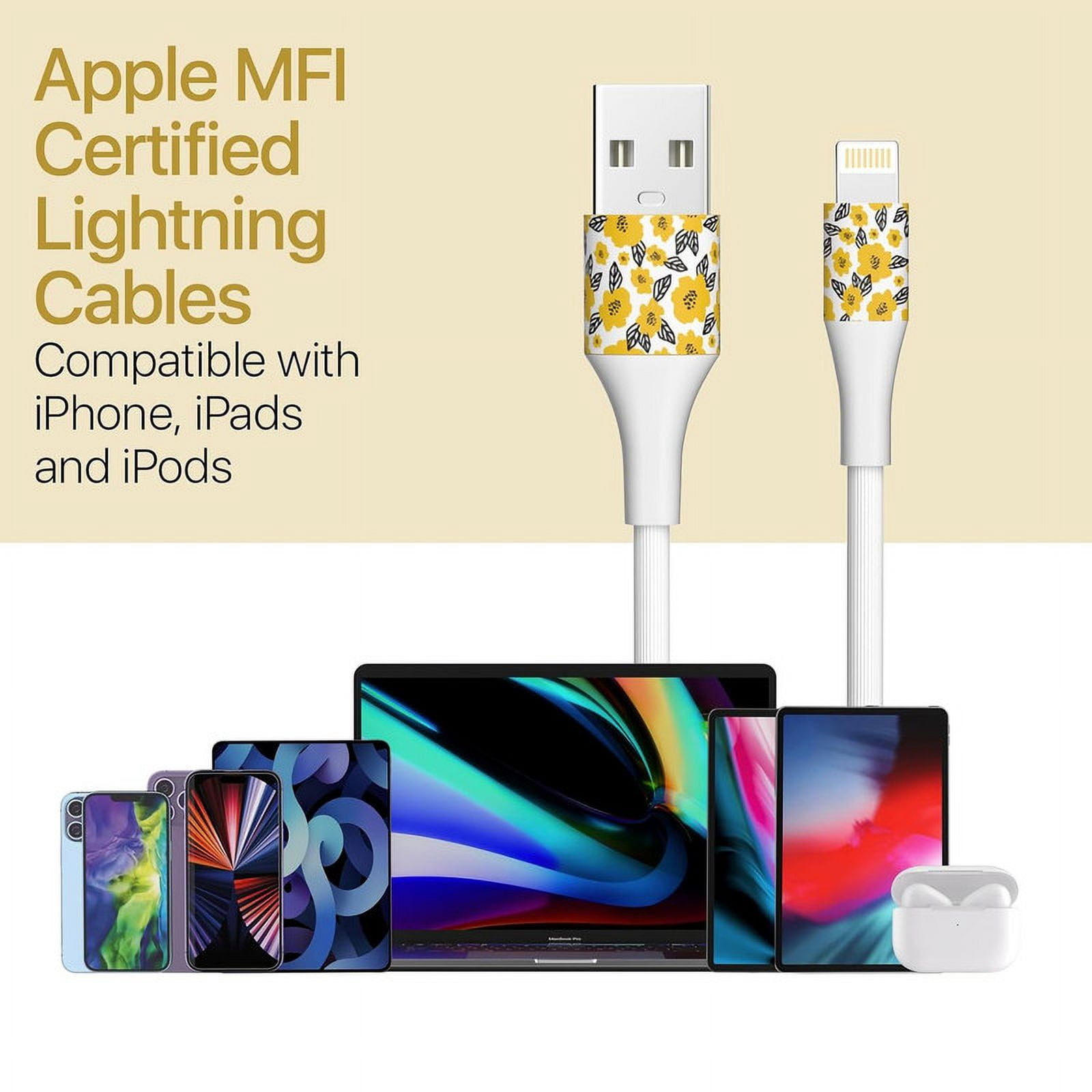 LAX Gadgets USB to Lightning Cable for iPhone, iPad, iPod – Floral Apple MFi Certified Lightning Cable - Durable Nylon Braided Fast Charging Cable - High Data Sync – 4 Feet (White)