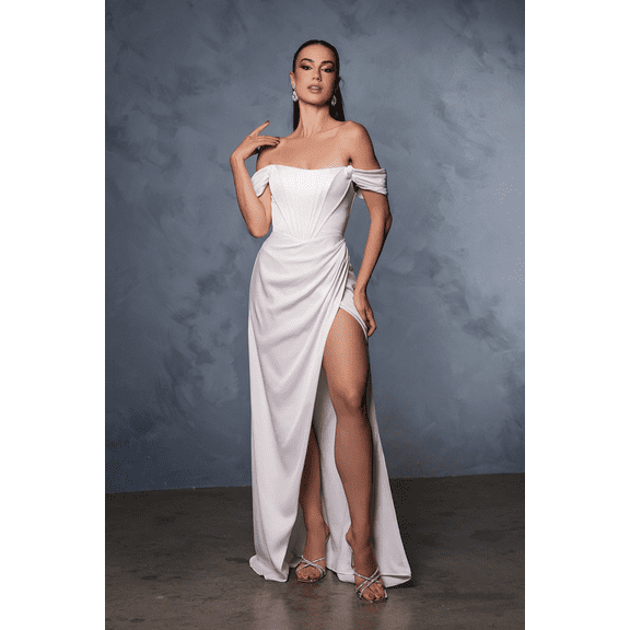 Women's May Queen Elegant Off Shoulder Ivory Satin Wedding Gown with Corset Back and High Slit MQ1953 Dress 4