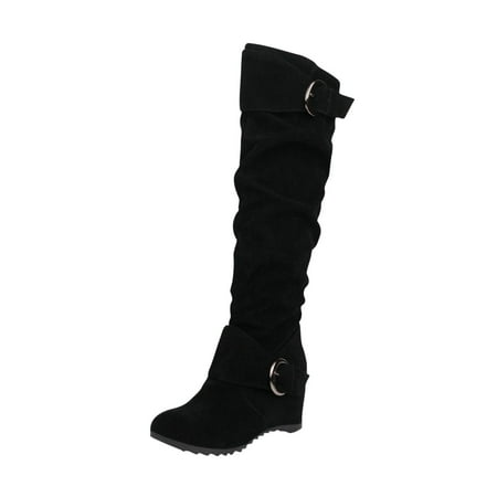 

jsaierl Women s Winter Warm Belt Buckle Knee High Boots Sole Wedge Footwear Knight Boots