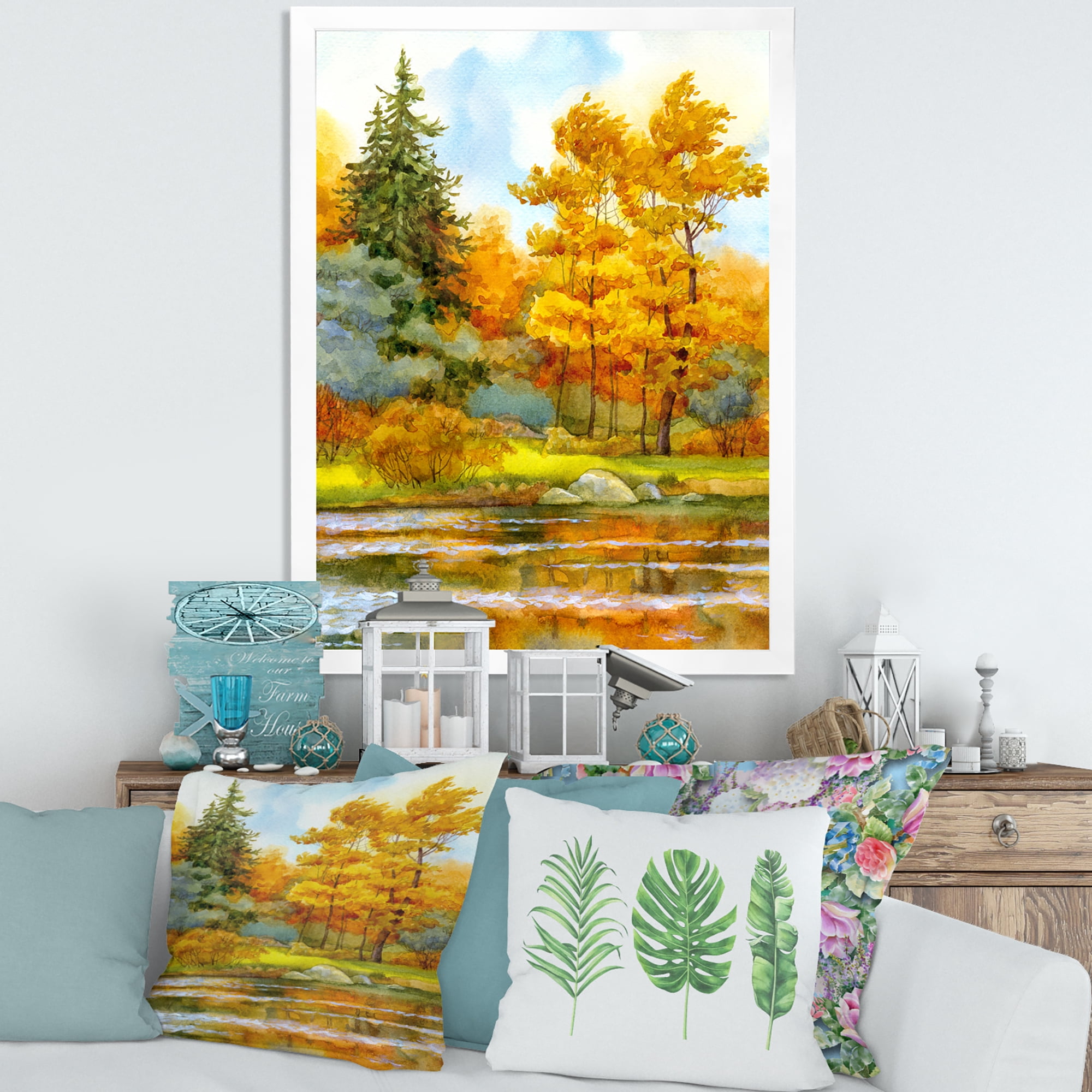 Designart 'Autumn Forest By The Lake Side I' Lake House Framed Art Print