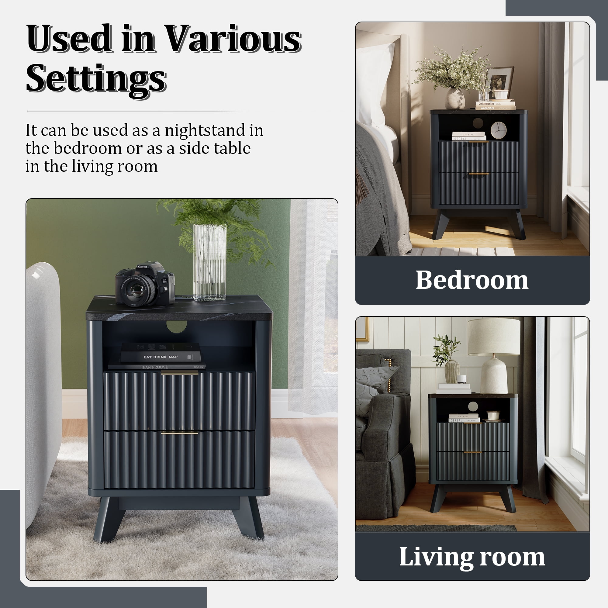 KeyWhat Modern Nightstand with Charging Station, Mid-Century Wood End Table Side Table for Living Room, Fluted Panel, Dark Grey