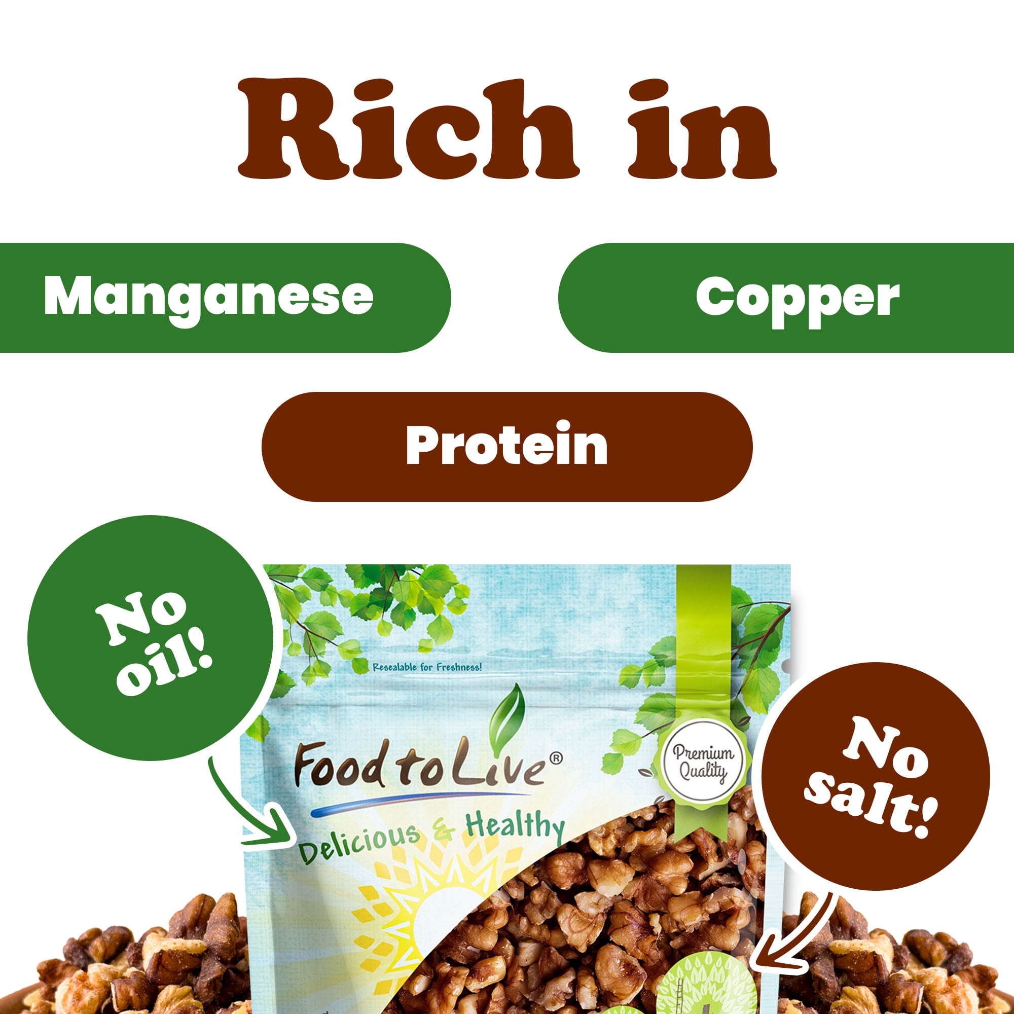 Dry Roasted Walnut Halves and Pieces, 1.5 Pounds – Vegan, Kosher, Bulk – by Food to Live