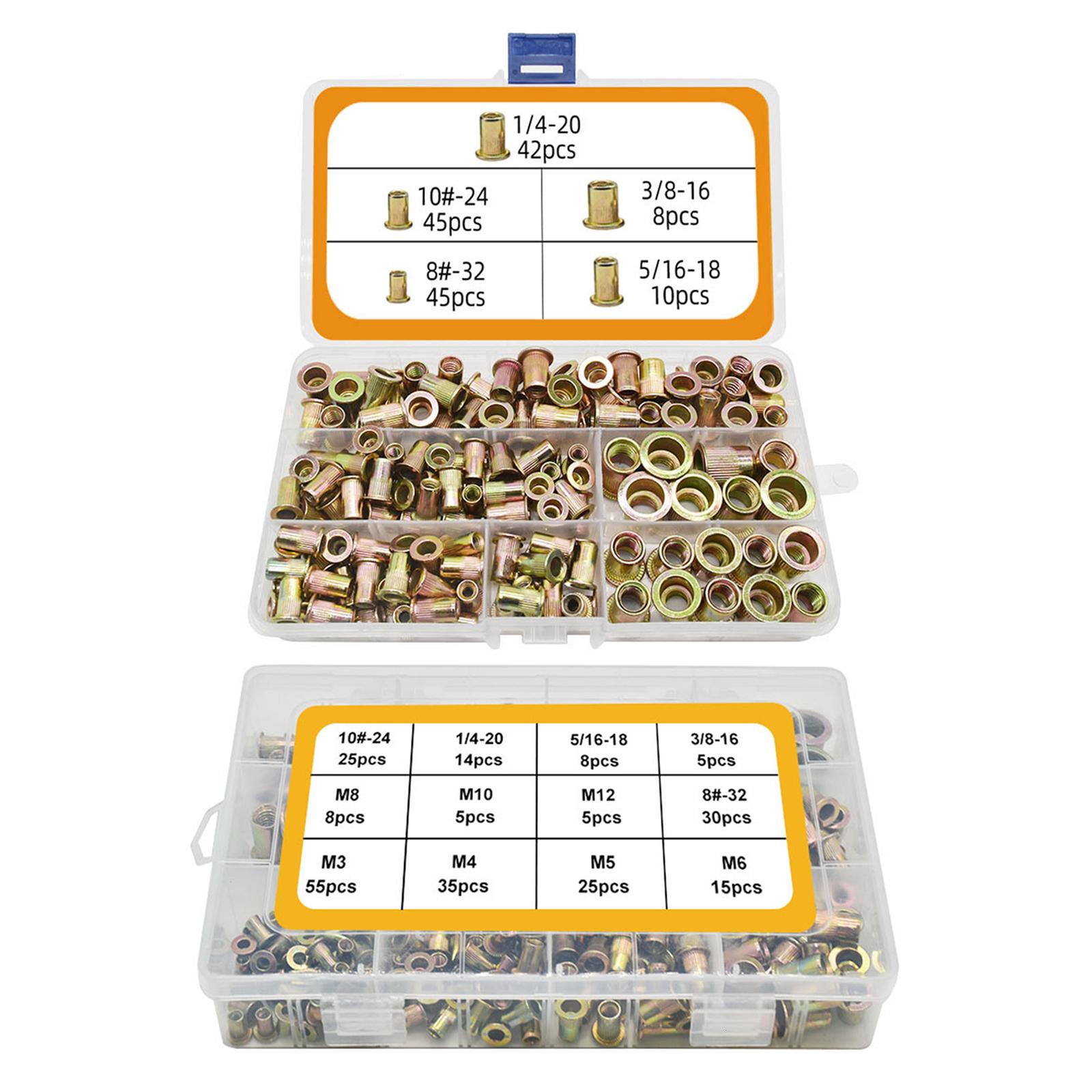 150/230Pcs SAE & Metric Rivets Nut Kit Carbon Steel Flat for Head Threaded Insert Nuts 8#-32 10#-24 1/4-20 5/16-18 3/8-1