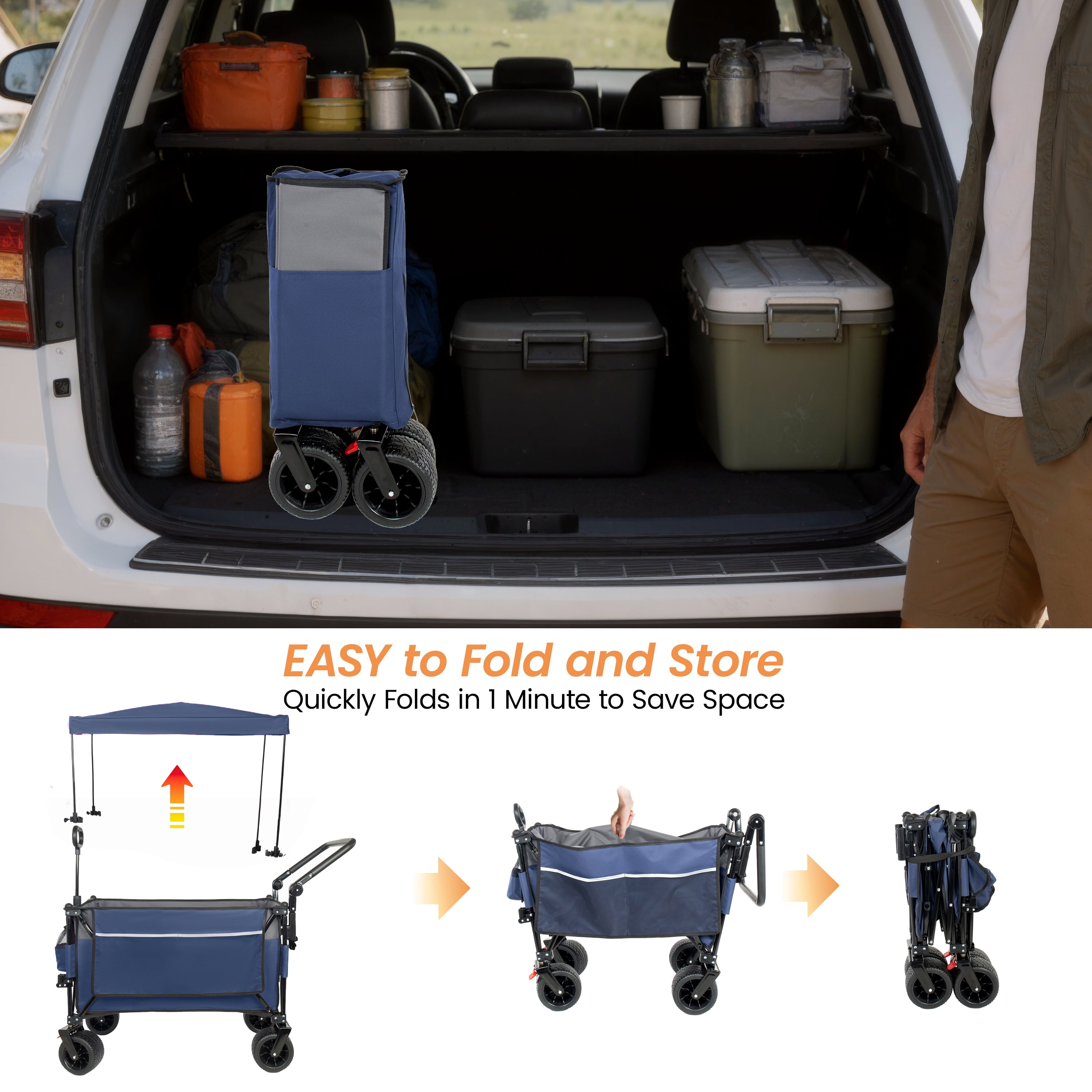 Multi-Functional Push-Pull Folding Wagon Cart Blue, Rotating Handle & Canopy, 7''x4'' Wheels with Brakes, 480lbs 300L for Outdoor, Groceries, Transport