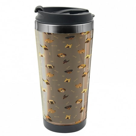 

Dog Lover Travel Mug Heads Paw Print and Bones Steel Thermal Cup 16 oz by Ambesonne