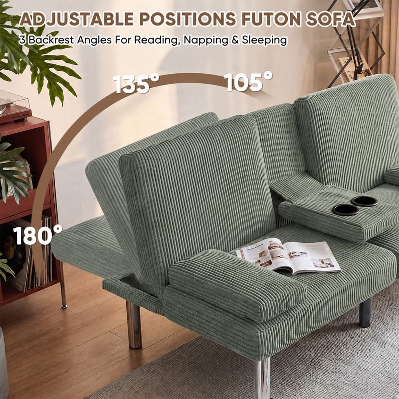 Lacoo Futon Sofa Bed, Corduroy Convertible Couch Sleeper Sofa, Cup Holders, Small Spaces,Green